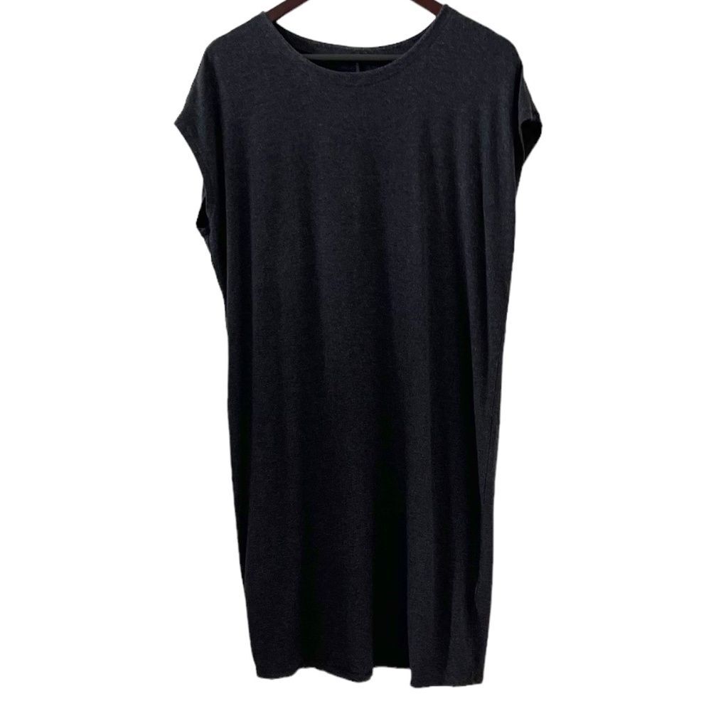 Eileen Fisher Knit Cap Sleeve Dress In Dark Charcoal Gray Size L